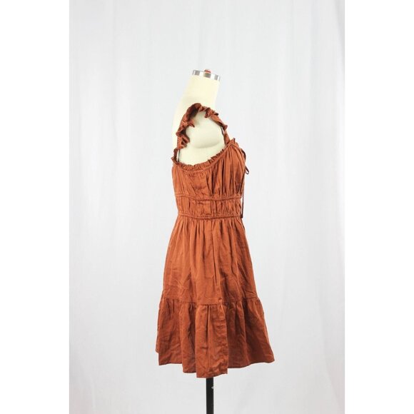 GAP Flutter Sleeve Cinch Waist Copper Beach Brown Cotton Mini Dress, Size S - Picture 4 of 13